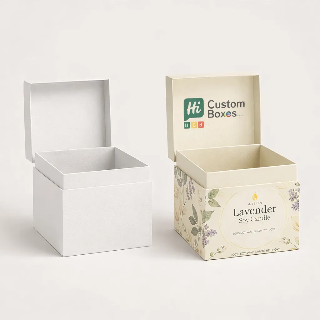 Pair of soy candle boxes, one plain and one with a stylish UK-themed floral print. class=